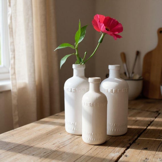 Vintage Listerine Bottle Vase Set Farmhouse Table Centerpiece hand painted white repurpsed