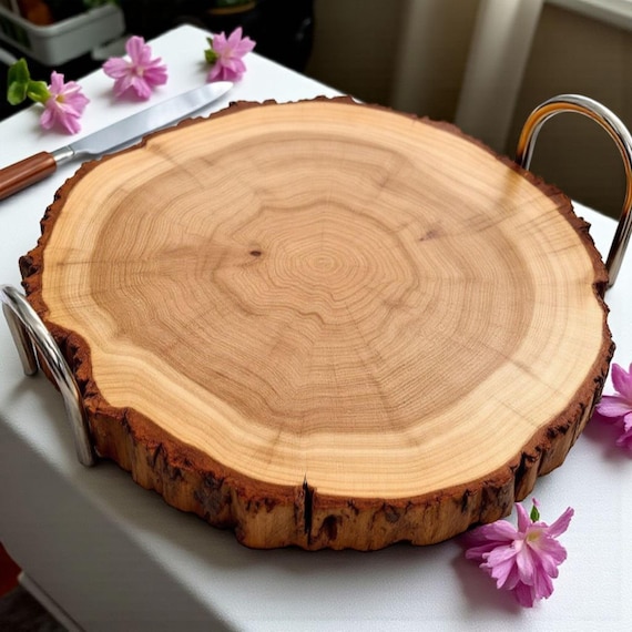 Rustic Wood Slice Serving Tray: Farmhouse Charcuterie Board with Metal Handles