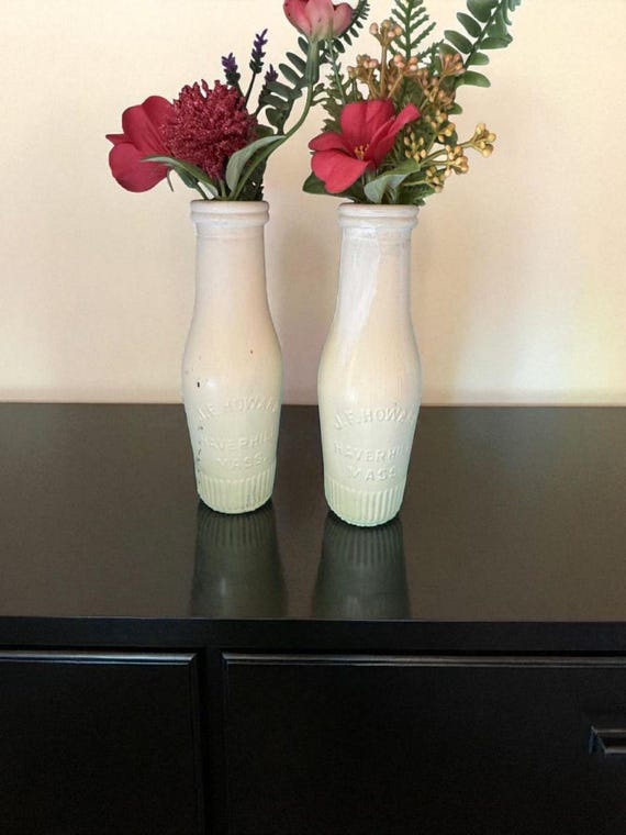 Vintage Hand Painted Soda Bottle Vases Farmhouse Floral Deco