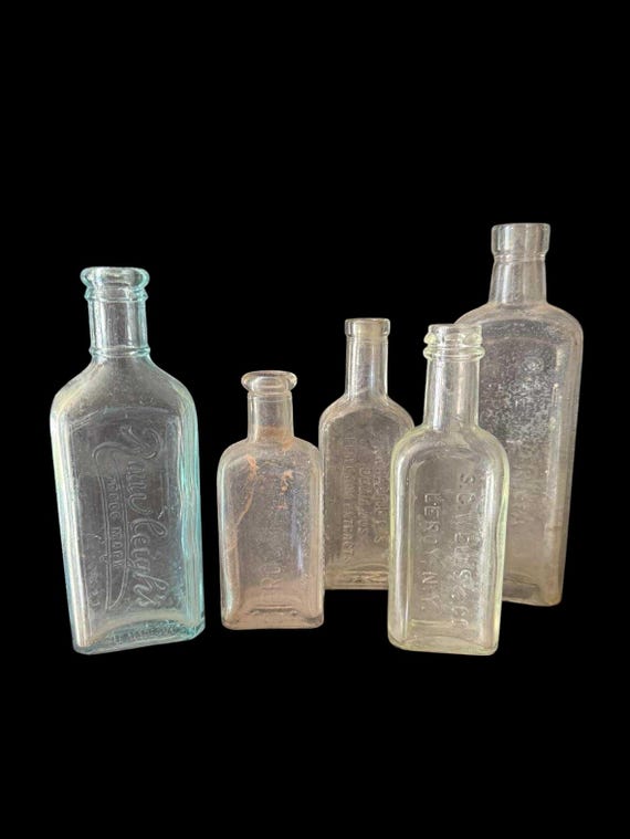 Vintage Medicine Bottles Clear and Aqua, Raleigh, Frostia, s.c. wells, cw