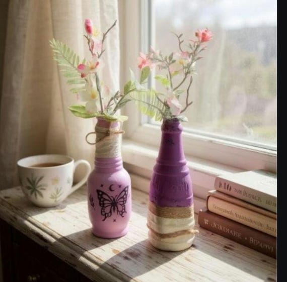 VINTAGE Soda BOTTLES hand painted vase flower arrangements and home decor. set of 2. Purple with twine