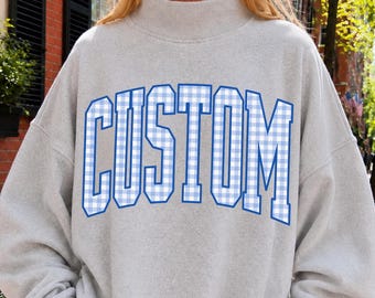 Custom Text Mockneck Sweatshirt Personalized School Mascot Mockneck Blue Gingham Bride Sweatshirt School Spirit Custom Team Name