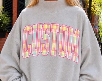 Custom Plaid Mockneck Sweatshirt Personalized School Mascot Mockneck Football Mom Crewneck Sorority Sweatshirt School Spirit Custom Team