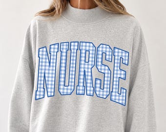 Blue Gingham Nurse Mockneck Sweatshirt Trendy Nurse Mockneck RN Gift Oversized ER Nurse Crewneck New Nurse Grad Gift Cute Nurse Sweatshirt