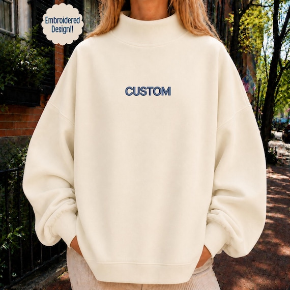 Custom Text Embroidered Mockneck Sweatshirt Personalized School Mascot Mockneck Custom Team Name Embroidery Sweatshirt Game Day Crewneck