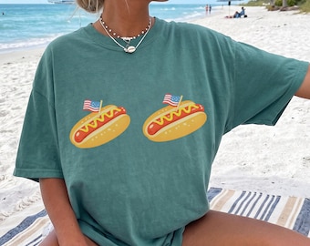 Retro Hot Dog Bikini 4th Of July Shirt Preppy Fourth of July Tshirt Trendy Oversized USA Tee Aesthetic Patriotic Shirt Comfort Colors