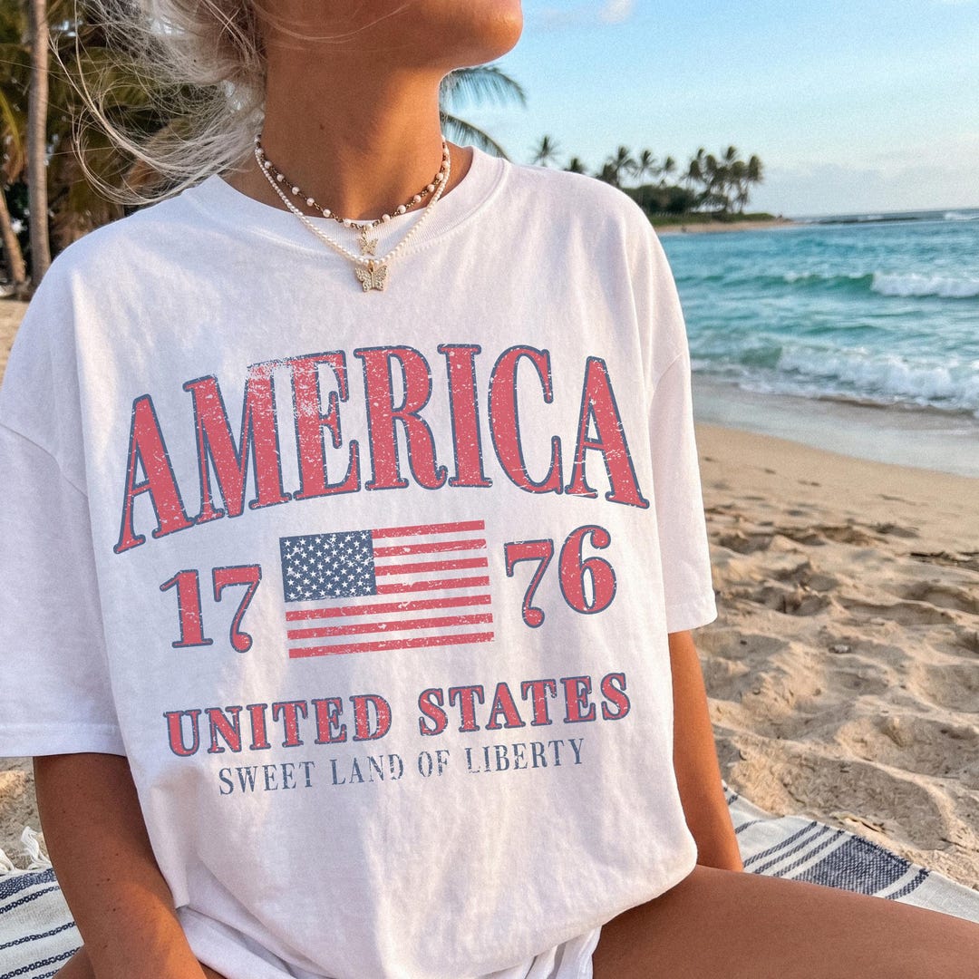 Retro America 4th Of July Shirt Preppy Fourth of July Tshirt Trendy Oversized USA Tee Aest