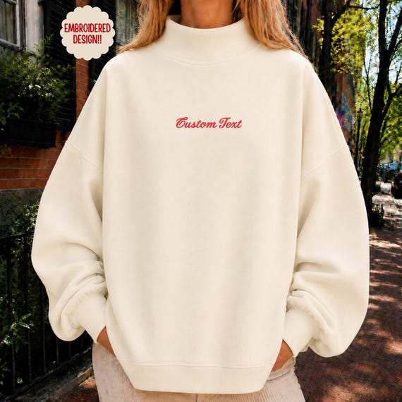Custom Text Embroidered Mockneck Sweatshirt Personalized School Mascot Mockneck Custom Team Name Embroidery Sweatshirt Game Day Crewneck