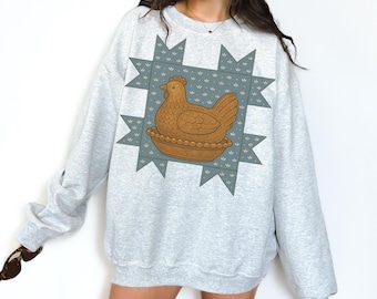 Vintage Inspired Thrifted Hen In Nest Sweatshirt Trendy Grandmillennial Crewneck Cute Chicken Grandma Sweatshirt Retro 90s Granny Square
