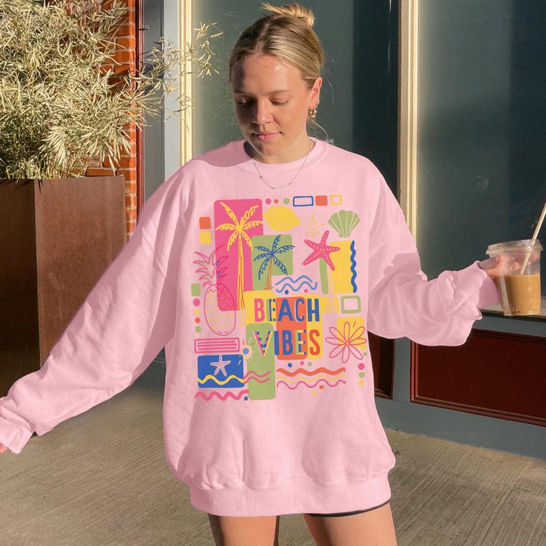 Retro Neon Beach Vibes Sweatshirt Trendy Summer Crewneck Oversized Coastal Shirt Beachy Vacation Sweatshirt Preppy Clothes Teens Aesthetic immagine 6