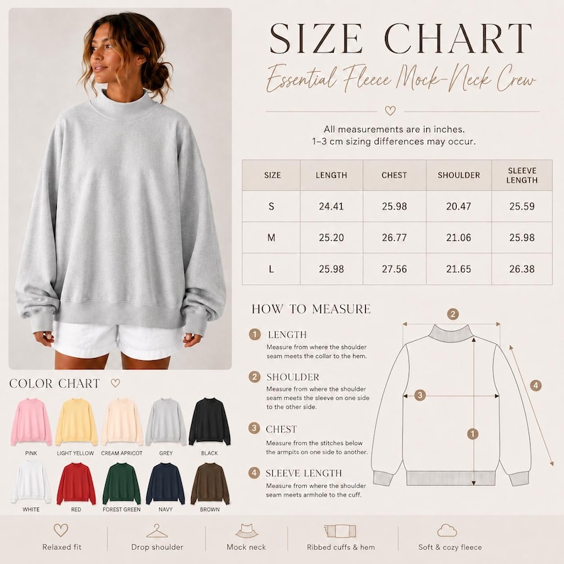 May include: A light gray mock-neck sweatshirt with long sleeves, ribbed cuffs, and a hem. The image includes a size chart with measurements in inches, a color chart displaying twelve available colors, and a diagram illustrating how to measure.