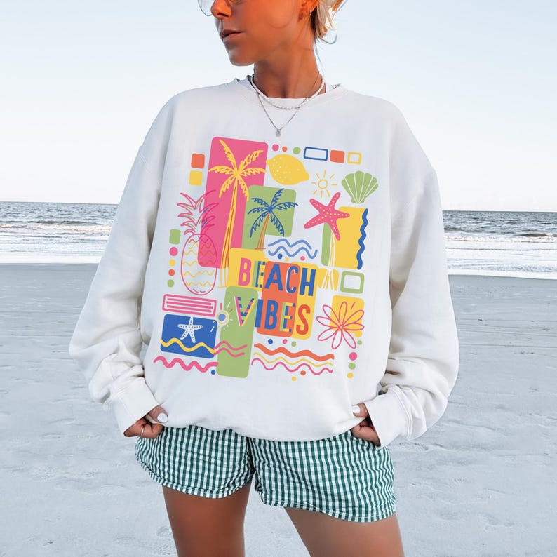 Retro Neon Beach Vibes Sweatshirt Trendy Summer Crewneck Oversized Coastal Shirt Beachy Vacation Sweatshirt Preppy Clothes Teens Aesthetic immagine 1