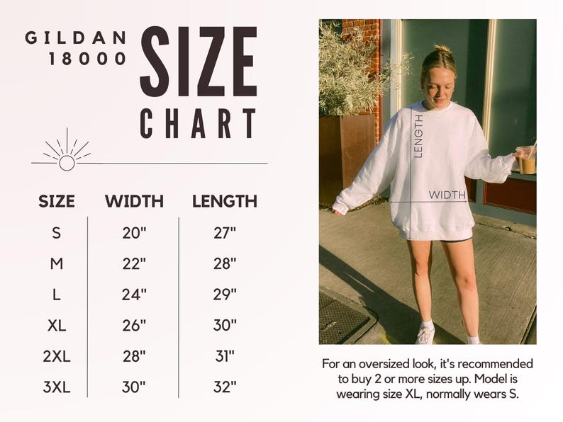 Może przedstawiać: Tabela rozmiar&oacute;w dla bluz Gildan 18000. Tabela pokazuje wymiary dla rozmiar&oacute;w od S do 3XL, z szerokościami od 50,8 cm do 76,2 cm i długościami od 68,6 cm do 81,3 cm. Modelka ma na sobie rozmiar XL.