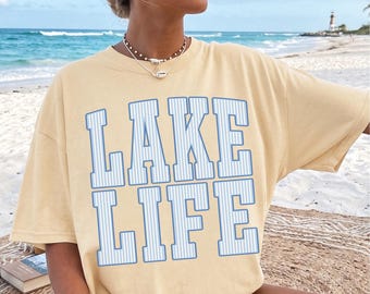 Retro Seersucker Lake Life Shirt Preppy Lake Tshirt Oversized Lake Vacation Tee Cute Summer Shirts Comfort Colors Trendy Boating Tee