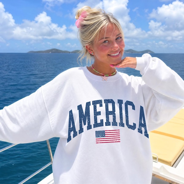 Sudadera retro americana del 4 de julio, estilo preppy, cuello redondo, moderna, extragrande, con estampado estadounidense, estética patriótica, ideal para el verano.