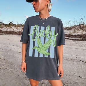 May include: Dark gray t-shirt with a green duck graphic and the word "Lucky" in a cursive font. The design includes light blue vertical stripes. The shirt is a casual, oversized style.