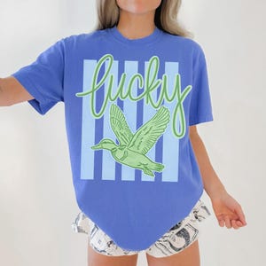 May include: A blue t-shirt with a green and white graphic of a duck in flight and the word "Lucky" in cursive. The shirt has a crew neck and short sleeves. The background features vertical light blue stripes.
