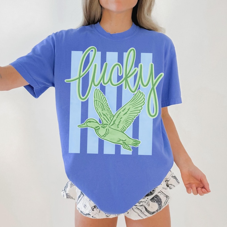 May include: A blue t-shirt with a green and white graphic of a duck in flight and the word "Lucky" in cursive. The shirt has a crew neck and short sleeves. The background features vertical light blue stripes.