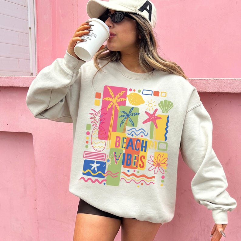 Retro Neon Beach Vibes Sweatshirt Trendy Summer Crewneck Oversized Coastal Shirt Beachy Vacation Sweatshirt Preppy Clothes Teens Aesthetic immagine 9