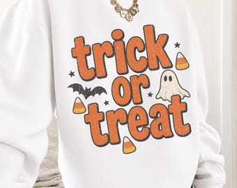 Retro Trick Or Treat Sweatshirt Preppy Halloween Crewneck Cute Halloween Ghost Shirt Trendy Halloween Crewneck Spooky Season Fall Crewneck
