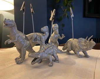 Silver dinosaur place name holders. Set of 5.