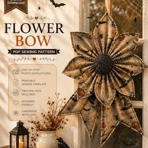 Mönster med blomrosett till Halloween-quiltat tyg i PDF-format, DIY-sömnadsguide för jättedörrdekorationer för säsongsbetonad juldekoration