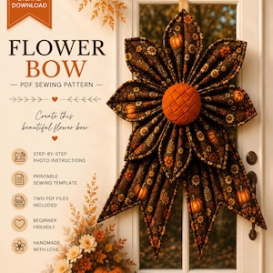DIY Holiday Fabric Flower Bow Sewing Pattern PDF, Quilted Door Bow Tutorial for Thanksgiving Home Decoration