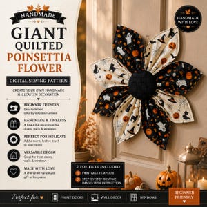 May include: A digital sewing pattern for a giant quilted poinsettia flower decoration. The pattern features a fabric flower with petals in black and cream, decorated with Halloween motifs like ghosts, pumpkins, cats, and spiderwebs.