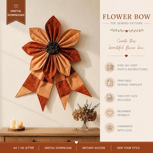 Oversized Quilted Flower Bow PDF Pattern, DIY Patchwork Fabric Door Decoration Sewing Tutorial Instant Download