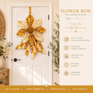 DIY Quilted Wreath Bow Pattern PDF, Large Fabric Flower Sewing Tutorial for Farmhouse Wall Decor
