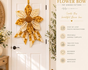 Patrón PDF para lazo de corona acolchada DIY, tutorial de costura de flores de tela grandes para decoración de pared estilo granja