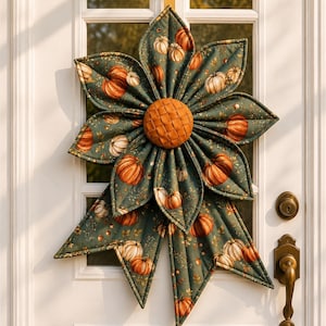 Könnte beinhalten: Eine Türdekoration aus Stoff in Form einer großen Blume mit spitzen Blütenblättern. Der Stoff ist dunkelgrün mit einem Muster aus orangefarbenen und weißen Kürbissen und kleinen Blättern. In der Mitte befindet sich ein rundes, strukturiertes orangefarbenes Element.