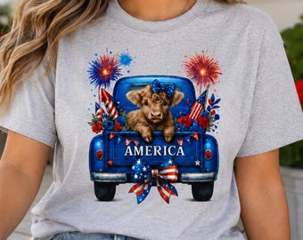 Patriotic Highland Cow Shirt, America Cow T-Shirt, Fourth of July Highland Cow Tee, Independence Day Shirt, Country Patriotic Tee
