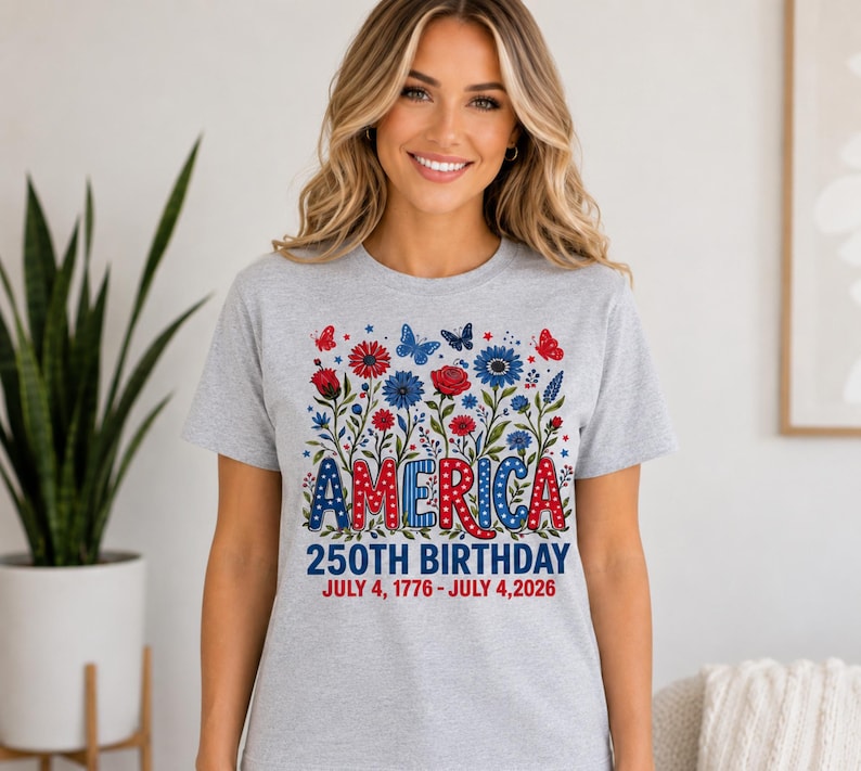May include: A light grey short-sleeve t-shirt featuring a graphic of red and blue flowers, butterflies, and the text AMERICA 250TH BIRTHDAY JULY 4, 1776 - JULY 4, 2026. The word AMERICA is styled in red and blue with white star patterns.