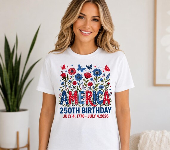 America 250th Birthday, Patriotic Floral Tee, July 4th 2026, America Anniversary T-shirt, Fourth of July  Tee