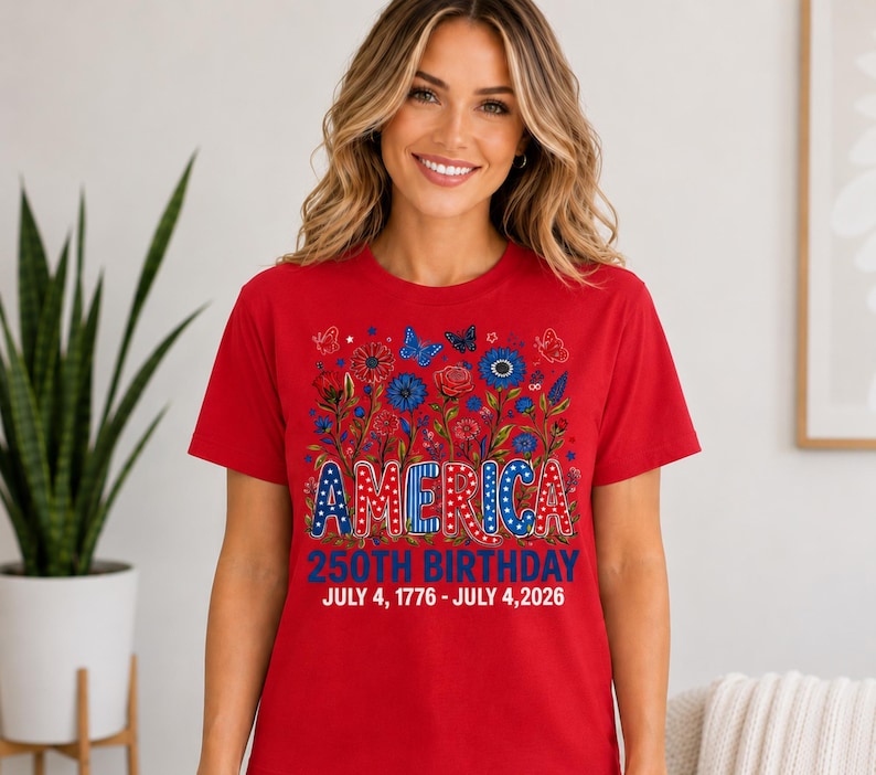 May include: A red short-sleeved t-shirt featuring a graphic of blue and red flowers, butterflies, and the text AMERICA 250TH BIRTHDAY JULY 4, 1776 - JULY 4, 2026. The word AMERICA is styled with stars and stripes patterns in red, white, and blue.