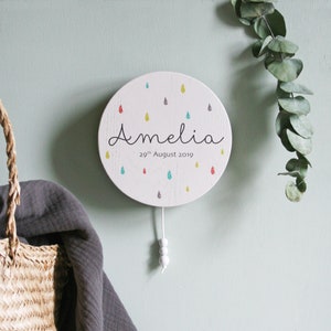 Raindrops Musical Name Wall Hanging | Pull String Music Box | New Baby or Christening Gift | Engraved Solid Oak | Worldwide Shipping