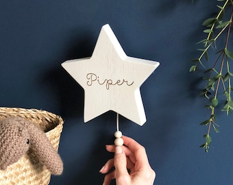 Wooden Musical Star Name Wall Hanging | Pull String Music Box | New Baby or Christening Gift | Engraved Solid Oak | Worldwide Shipping