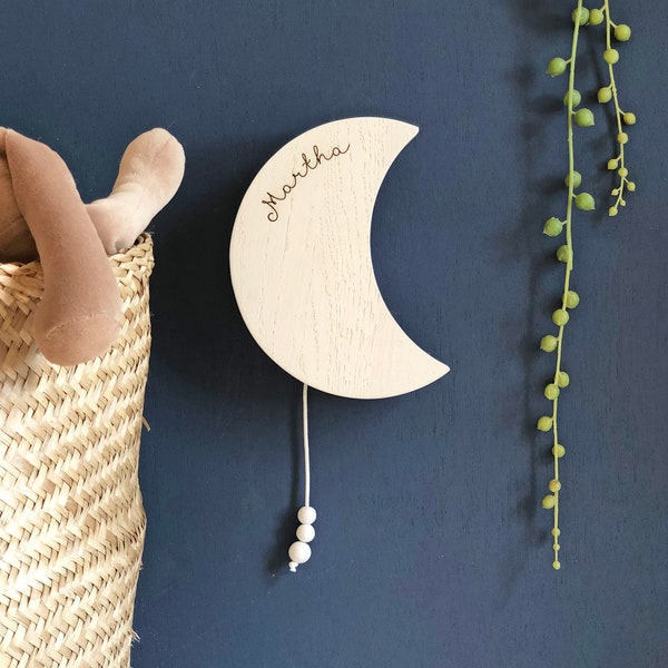 Wooden Musical Moon Name Wall Hanging | Pull String Music Box | New Baby or Christening Gift | Engraved Solid Oak | Worldwide Shipping