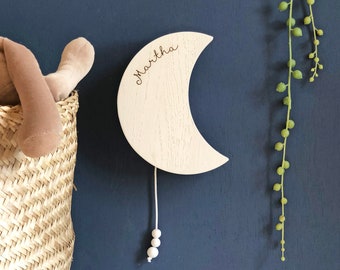Wooden Musical Moon Name Wall Hanging | Pull String Music Box | New Baby or Christening Gift | Engraved Solid Oak | Worldwide Shipping