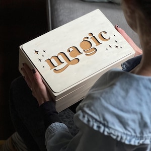 Wooden Name Fabric Keepsake Box | Laser Cut Peekaboo Wooden Box | New Baby Gift Or Christening Gift Or Christmas Eve Box | Int Shipping star & mustard linen