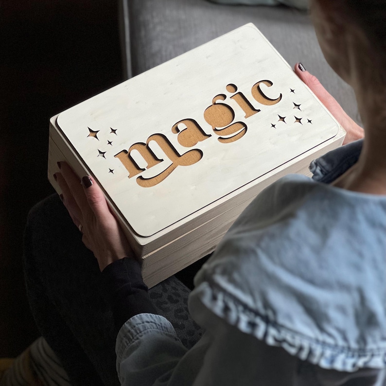 Wooden Name Fabric Keepsake Box | Laser Cut Peekaboo Wooden Box | New Baby Gift Or Christening Gift Or Christmas Eve Box | Int Shipping star & mustard linen