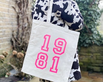 1981 Pink Neon Canvas Bag | Birthday Gift | 40th Birthday | Tote Bag | Canvas Shopper