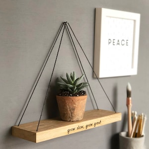 Puede incluir: Una estantería de madera con un diseño de cuerda colgante, con el texto "grow slow, grow great". Una pequeña planta suculenta en una maceta de terracota se encuentra en la estantería. La estantería está montada en una pared gris.