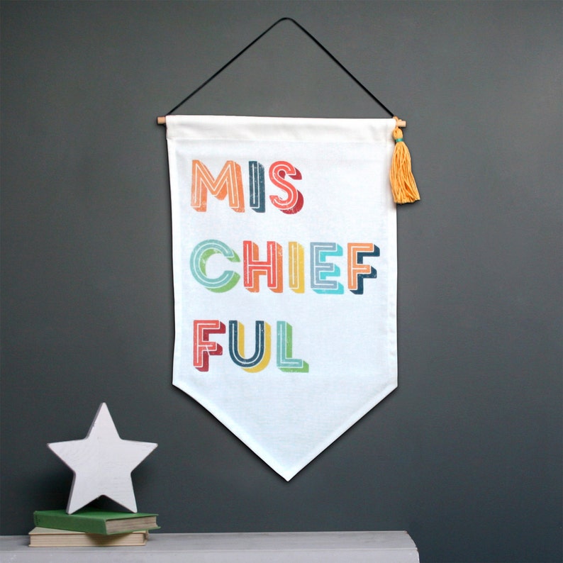 Mischeif Fabric Tassel Wall Hanging Custom Baby Banner/Nursery Decor/Nursery Wall Hanging/word Banner/Canvas Flag/Baby Shower Gift under 50 image 1