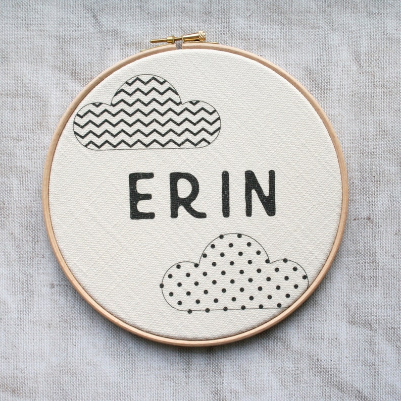 May include: A white canvas with a wooden frame, featuring two black and white cloud designs and the name "ERIN" in black lettering.