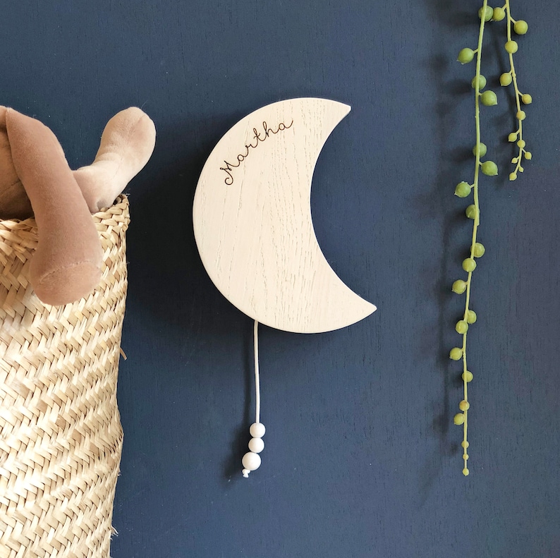 Wooden Musical Moon Name Wall Hanging Pull String Music Box New Baby or Christening Gift Engraved Solid Oak Worldwide Shipping image 1