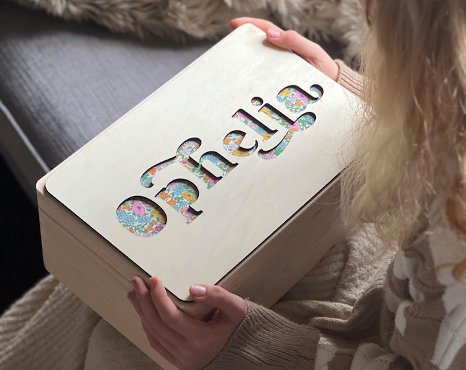Wooden Name Fabric Keepsake Box | Laser Cut Peekaboo Wooden Box | New Baby Gift Or Christening Gift Or Christmas Eve Box | Int Shipping
