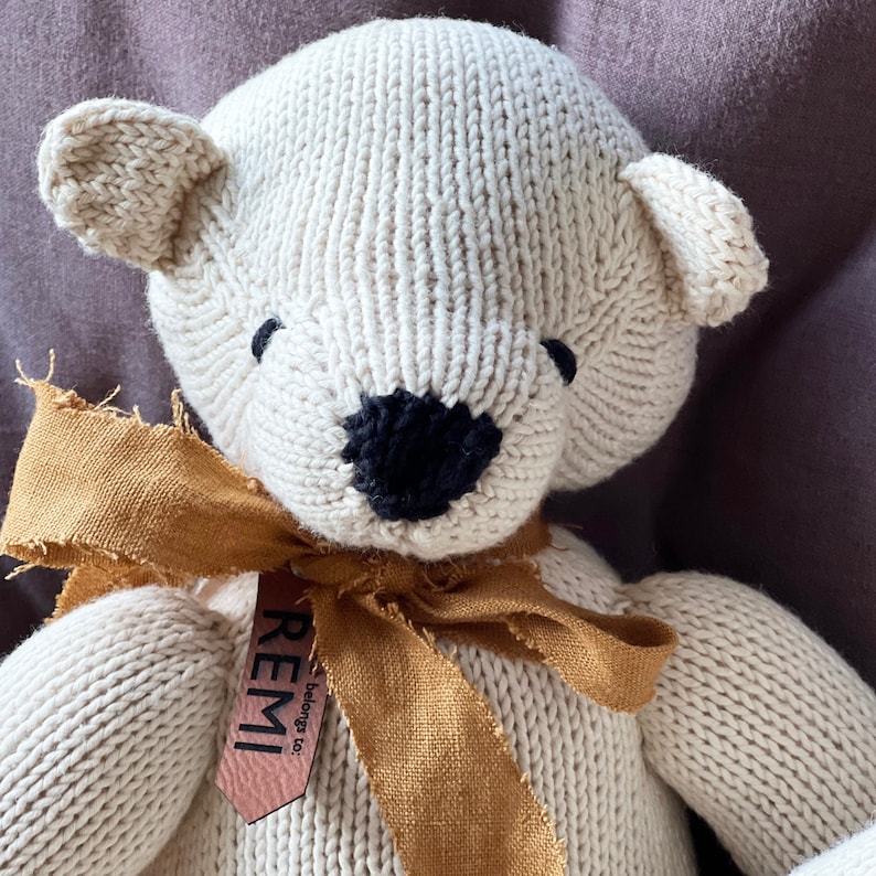 Beautiful hand Knitted Bear with Personalised Faux Leather Tag image 3