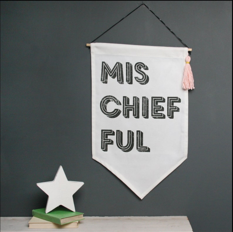 Mischeif Fabric Tassel Wall Hanging Custom Baby Banner/Nursery Decor/Nursery Wall Hanging/word Banner/Canvas Flag/Baby Shower Gift under 50 image 2